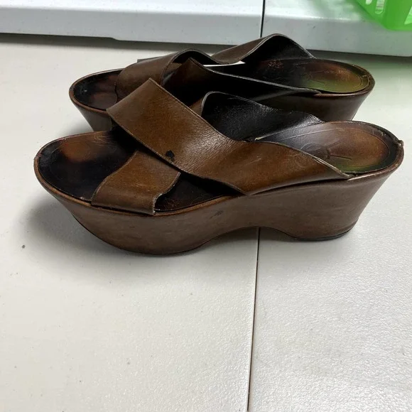 Vintage YVES SAINT LAURENT Leather Wedge Cross Strap PlatformSlides 36 sz6/6 1/2 - Picture 5 of 10